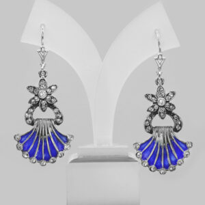Original Mould Hand Painted Blue Enamel, Art Nouveau Earrings In Swarovski Crystal & Sterling Silver.