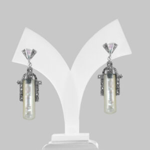 Art Deco Style Earrings In Mother Of Pearl, Marcasite & Sterling Silver,