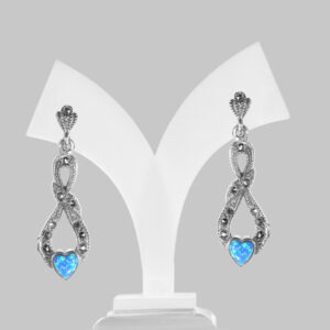 Art Deco Style Heart Earrings In Gilson Opal, Marcasite & Sterling Silver.