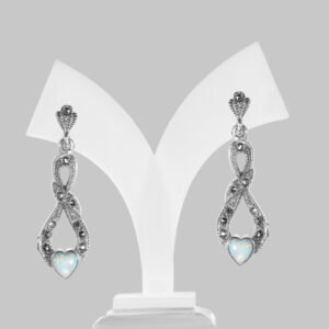 Art Deco Style Heart Earrings In Gilson Opal, Marcasite & Sterling Silver.