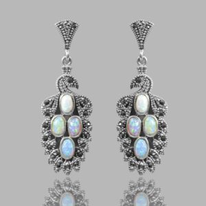 Stand Out Art Deco Style Peacock Earrings In Multi Colour Created Opal, Marcasite & Sterling Silver