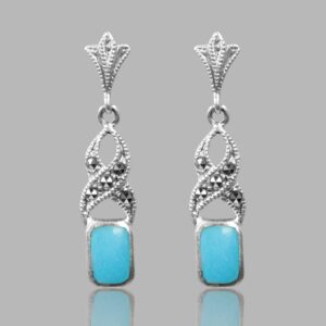 Beautiful Art Deco Style Small Drop Earrings In Turquoise, Marcasite & Sterling Silver.