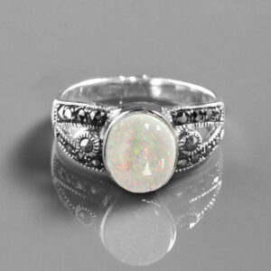 Beautiful Art Deco Style Ring In Gilson Opal, Marcasite & Sterling Silver
