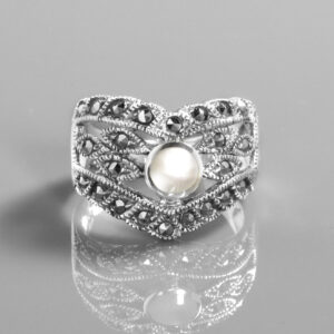 Beautiful Art Deco Style Ring In Mother Of Pearl, Marcasite & Sterling Silver.