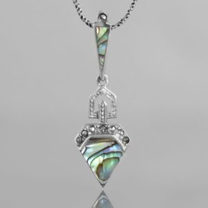 Art Deco Style Pointed Pendant In Paua Shell, Marcasite & Sterling Silver, On An 18" Oxidised Sterling Silver Rope Chain.