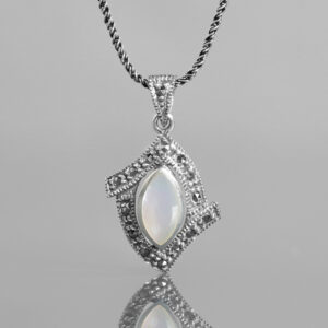 Art Deco Style Pendant In Mother Of Pearl, Marcasite & Sterling Silver, On An 18" Sterling Silver Rope Chain