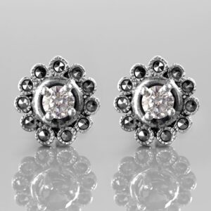 Pretty Art Deco Style Flower Studs In Cubic Ziriconia, Marcasite & Sterling Silver.