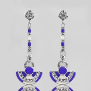 Beautiful Stand Out, Bespoke Art Deco Style Earrings In Blue Lapis Lazuli, Mother Of Pearl, Marcasite & Sterling Silver.