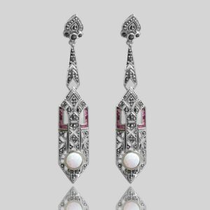 These Beautiful Long Drop Art Deco Style Earrings Are Stand Out, Made Of Marcasite, Rubies, Opal & Sterling Silver.