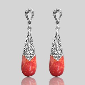 Art Deco Style Earrings In Red Coral, Marcasite & Sterling Silver.