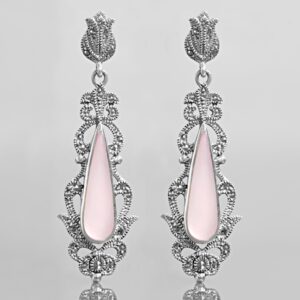 Beautiful Art Deco Style Long Drop Earrings In Pink Mother Of Pearl, Marcasite & Sterling Silver.