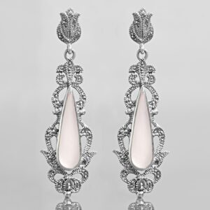 Beautiful Art Deco Style Long Drop Earrings In Mother Of Pearl, Marcasite & Sterling Silver.
