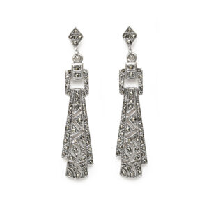 Beautiful Art Deco Style Long Drop Earrings In Marcasite & Sterling Silver.