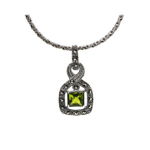 Beautiful Art Deco Style Pendant In Peridot, Marcasite & Sterling Silver, On An 18" Sterling Silver Rope Chain.