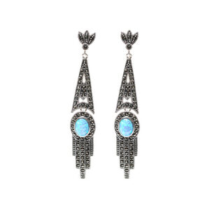 Beautiful Art Deco Style Long Drop Earrings In Blue Gilson Opal, Marcasite & Sterling Silver.
