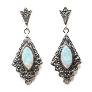 Medium Sized Art Deco Style Earrings In Opal, Marcasite & Sterling Silver