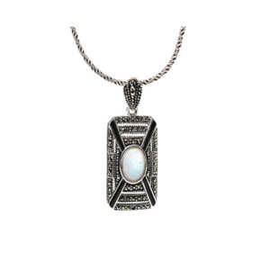 Beautiful Art Deco Style Pendant In Black Onyx, Gilson Opal, Marcasite & Sterling Silver.
