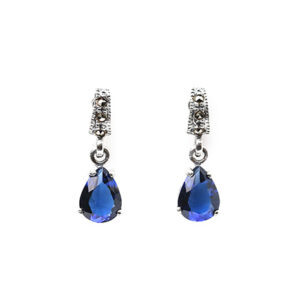 Pretty Art Deco Style Teardrop Earrings In Sapphire, Set With Marcasite In Sterling Silver.